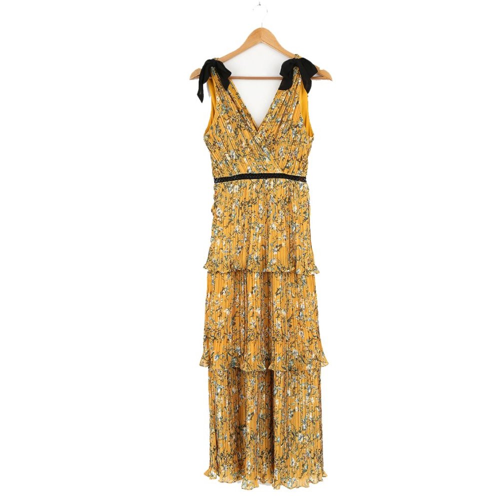 Yellow Floral Print Pleated Maxi Dress
